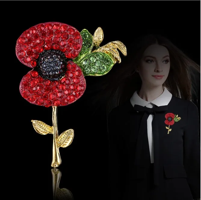 100 % hochwertige, goldfarbene, leuchtend rote Kristalle, britische Mode-Mohnblumen-Broschen als Geschenk zum britischen Gedenktag, Royal British Legion Flower Poppy