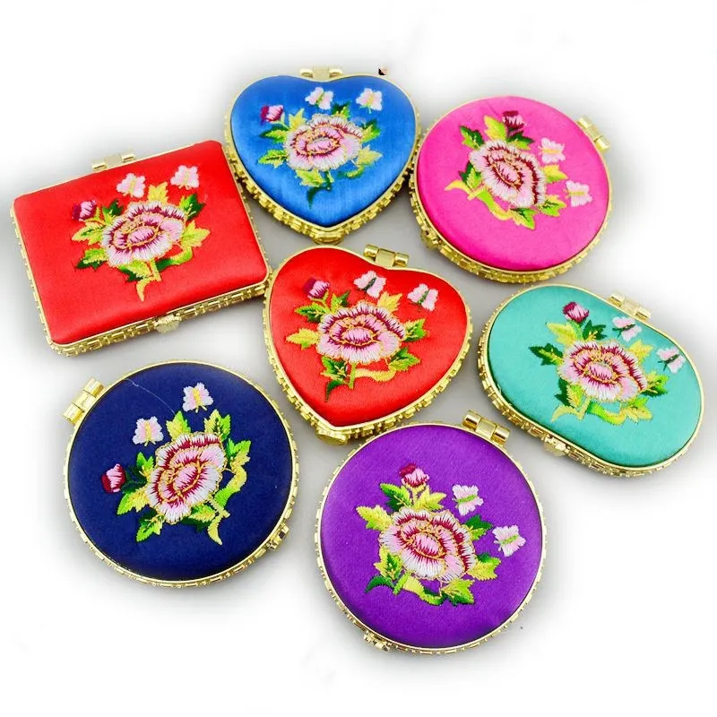 Geborduurde Peony Flower Pocket Compact Spiegels Bruiloft Verjaardagsfeestje Gunsten Mooie Dubbelzijdige Kleine Dames Make-up Spiegel Draagbare 10pcs /