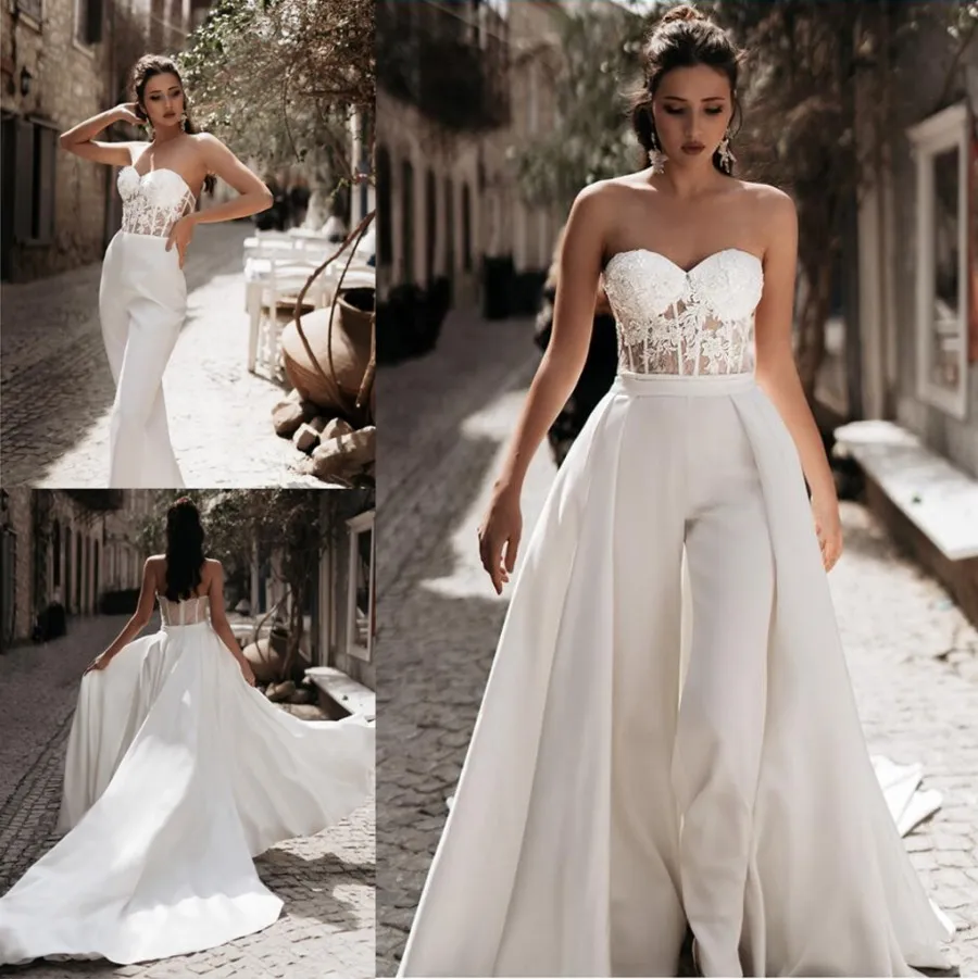 Fashion Lace Jumpsuit Beach Wedding Dresses Sweetheart Neck Beaded Bridal Gowns With Detachable Train A Line Appliqued robe de mariée