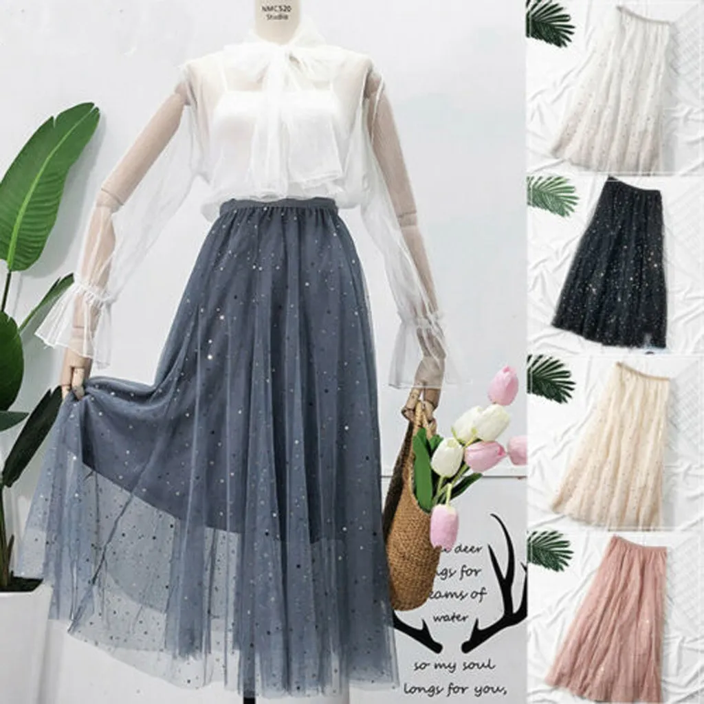 WOMAIL High Qaist Pleated Skirt Sparkle Solid Color Summer Hot Sale Party Falda Plisada Bohemian Tulle Skirt 19MAR28