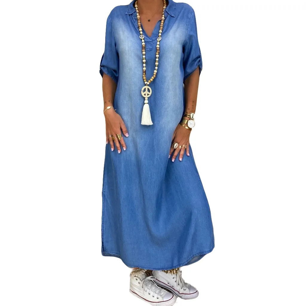 Stylish Women's Denim Linen Dress Women with V-Neck and Ankle Length