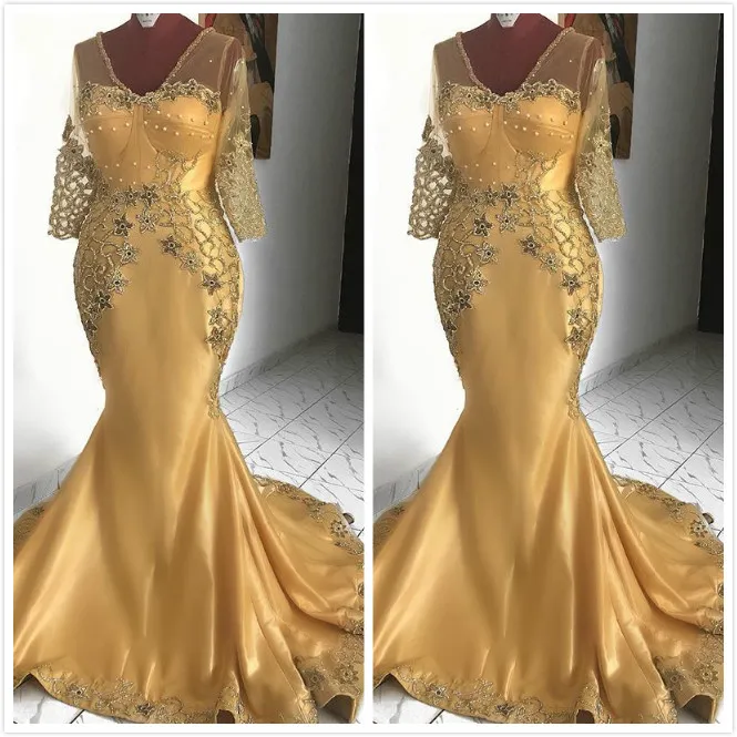 مثير حورية البحر الذهب العروس الأفريقية Vneck الدانتيل الأم ثياب العريس رخيصة العباءات المسائية ZJ18