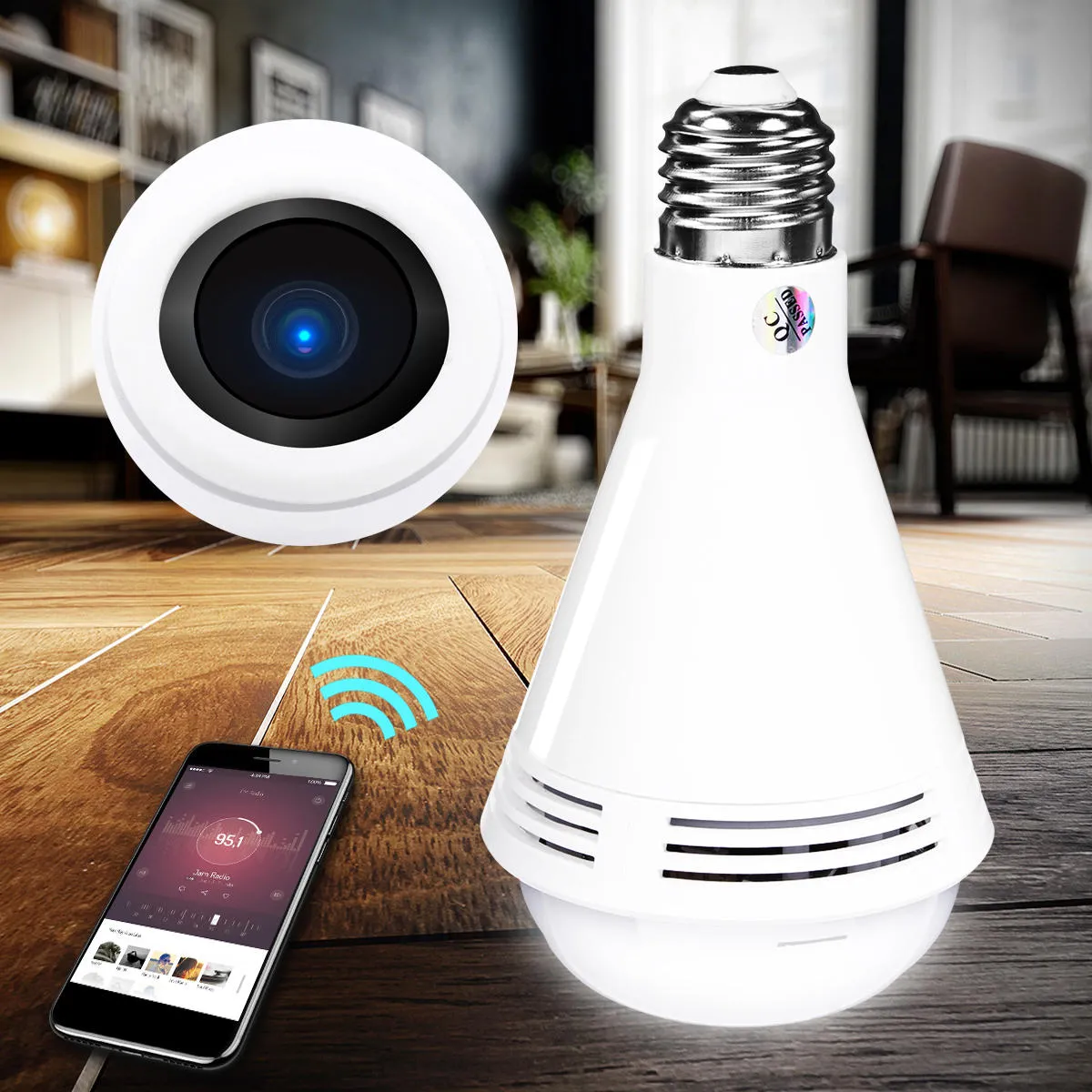 360 ° HD 960P 1080p WiFi IP-kamera LED-lampa Bluetooth-högtalarsäkerhetsövervakning - B