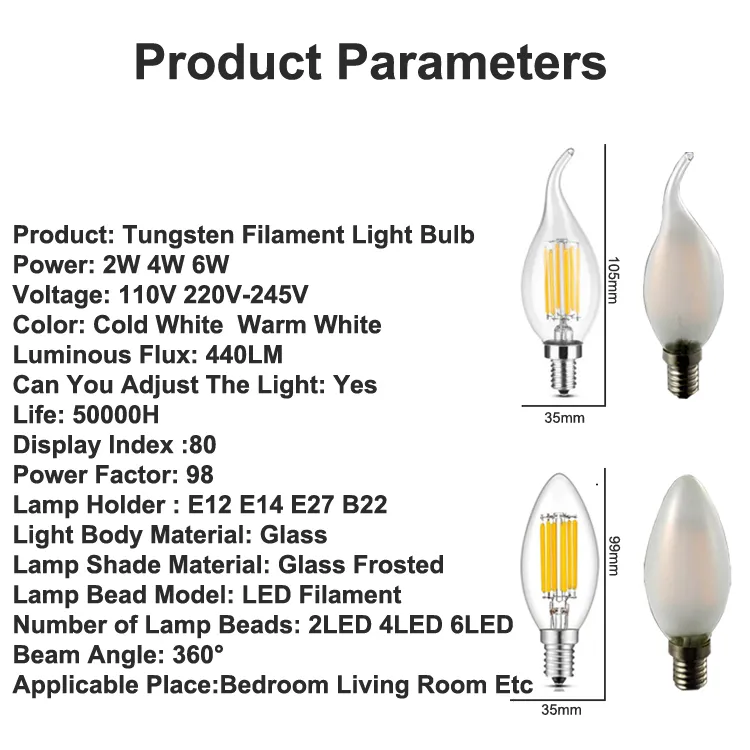 Ampoule à filament DEL, 4W/B11-E12, blanc chaud