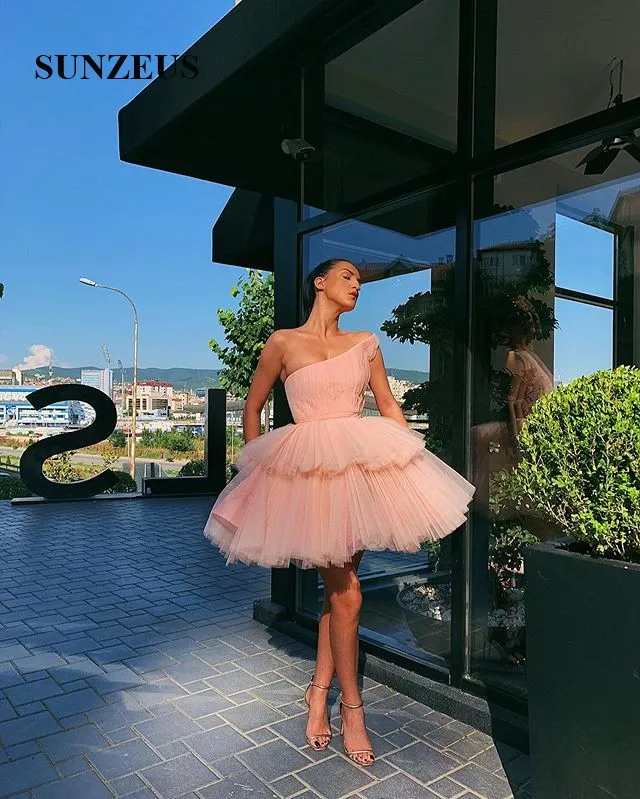 Short Puffy Cocktail Dresses 2020 One Shoulder Pleated Party Dress Pink Tulle Dance Dress Tiered Skirt