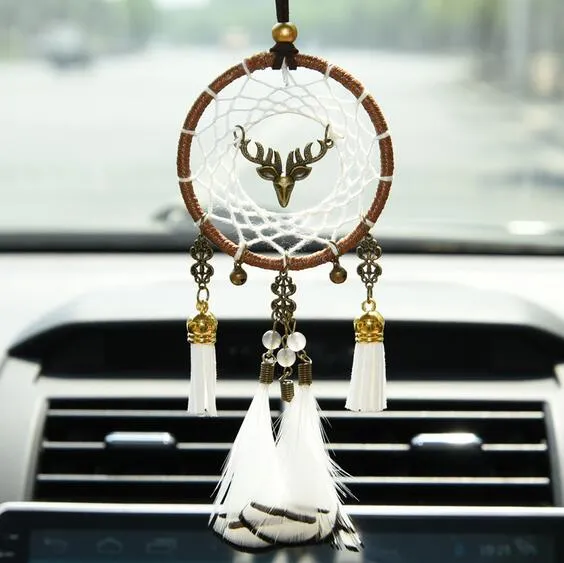 Ornement Voiture Attrape-Rêves Élan Bleu - Pendentif Rétroviseur Miroir Avec Plumes, Décoration Intérieure Charme Bohème