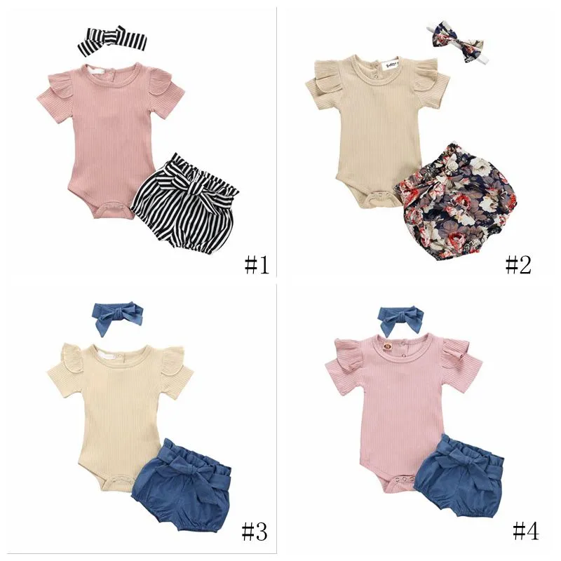 Baby Clothes Girls Solid Rompers Bowknot Denim Shorts Headband Clothing Sets Kids Jumpsuit Floral Printed Shorts Hairband Suits PY614