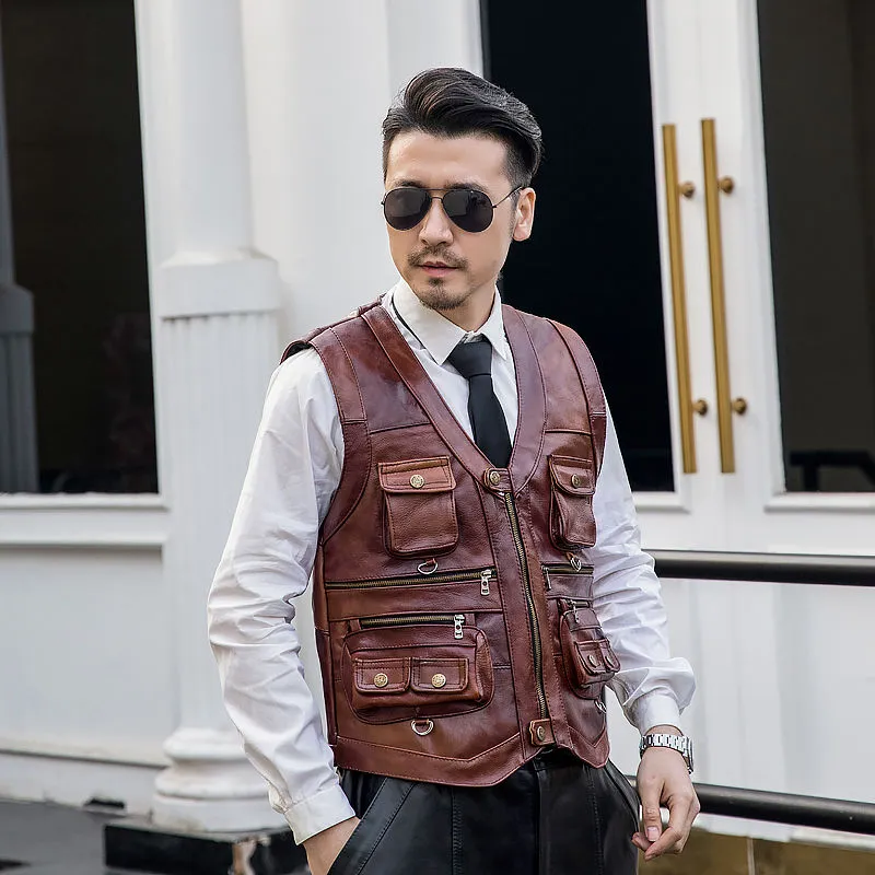 Mens Vests Cowhide Genuine Leather Vest Men Brown Waistcoat Male