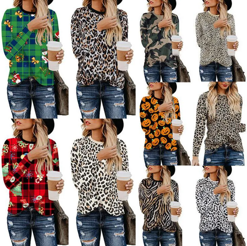 Camisa con estampado de leopardo 10 colores Navidad Halloween 3D Impreso Mujeres Camisas de manga larga al aire libre Tops LJJO7159