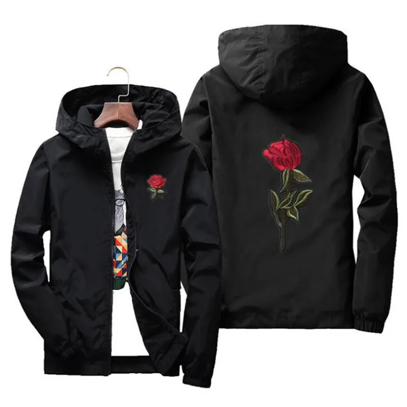 Giacca a vento con ricamo Fiore rosa Giacca da uomo Bomber con cappuccio Giacche da uomo in pelle jaqueta masculina Taglia grande S M 7XL