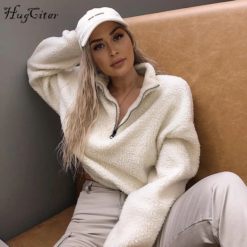 Nouvelle arrivée à manches longues fermeture éclair col haut Faux laine d'agneau crop tops automne hiver femmes mode solide manteau veste