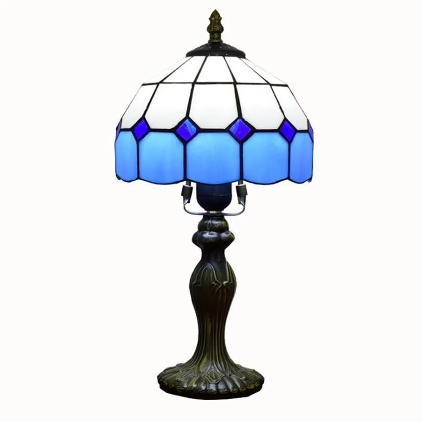 Mediterrane stijl Tiffany tafellamp restaurant bar cafe led vintage bureau licht wit blauw geruite decoratieve tafel licht