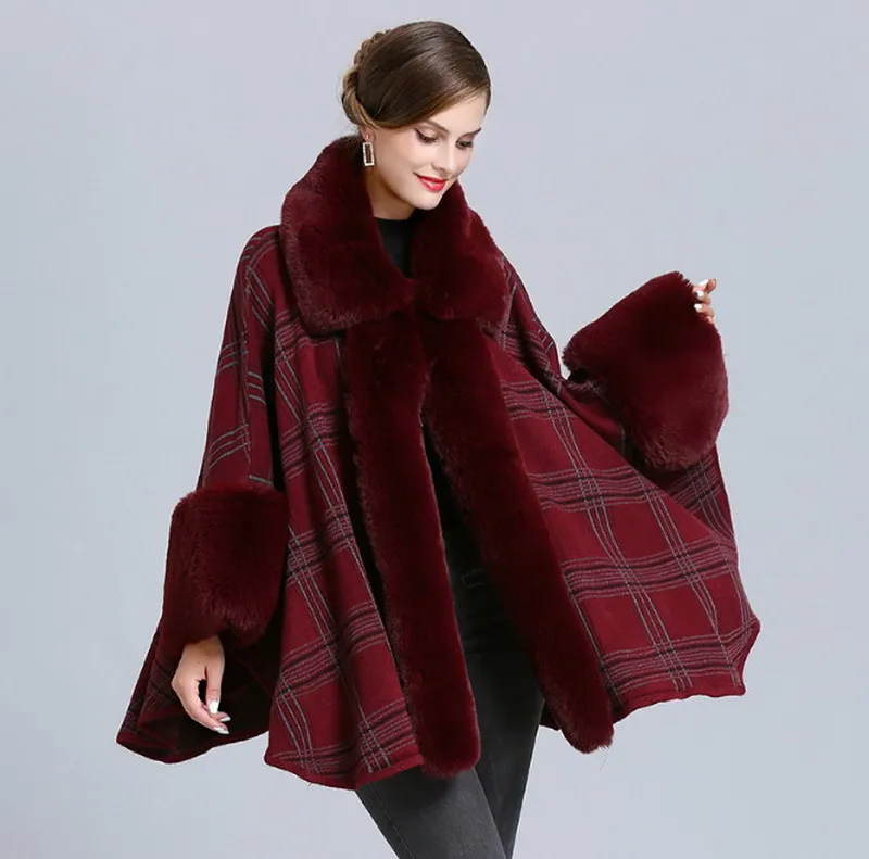 Female Faux fox fur check plaid tartan Cape Poncho Cardigan Knitting lady shawl stole wraps Sweater #4144240j