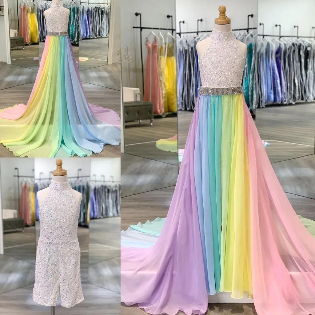 Sequins Romper Ab Taş Ile Gökkuşağı Şifon Etek Halter Boyun Küçük Kız Pageant Elbise Fermuar Geri Kolsuz