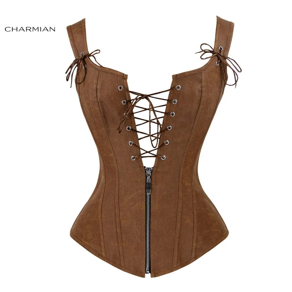 Charmian Faux Deri Seksi Kahverengi Fermuar Steampunk Overbust Lace Up Geri Yelek Korse Corseet Espartilhos Kadınlar Için J190701