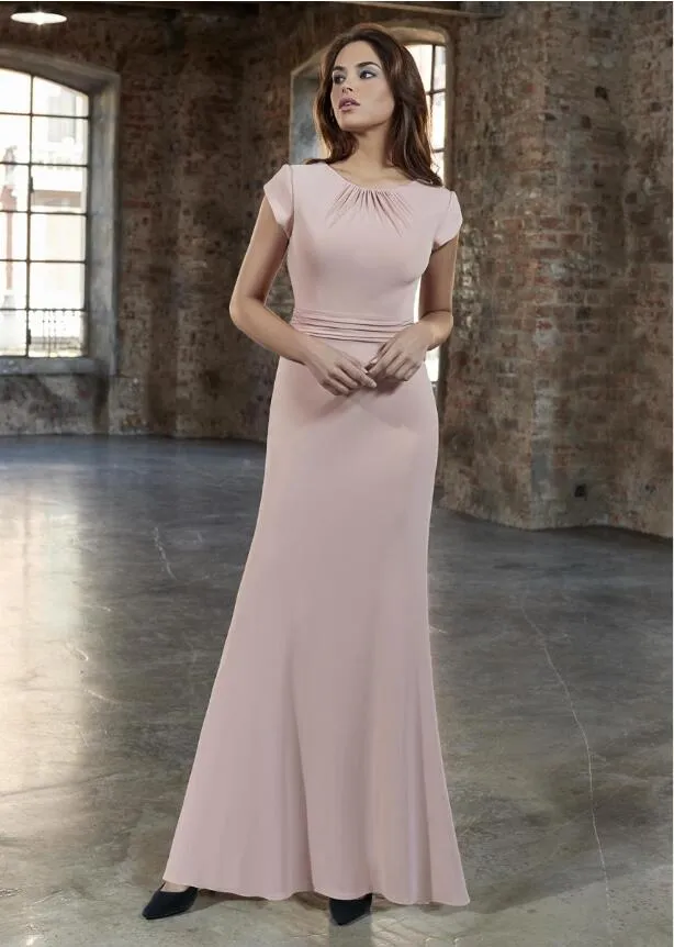 2019 New Dusty Pink Crepe Sheath Long Modest Bridesmaid Dresses With Cap Sleeves Floor Length Elegant Modest Maids of Honor Dress