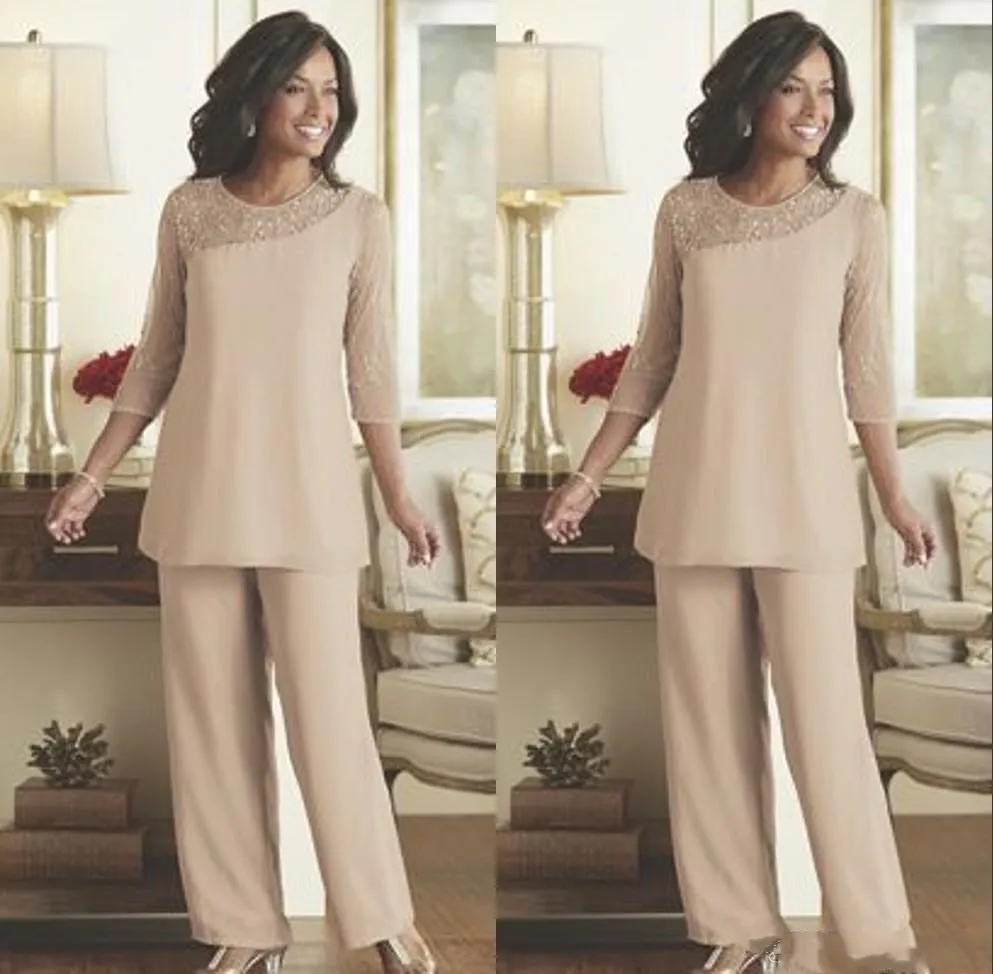 Elegante Spitze Hosenanzüge für die Mutter der Braut 2020 Sommer Chiffon Maßgeschneiderte 3/4 lange Ärmel Hochzeitsgast tragen Mutterkleid Suit261p