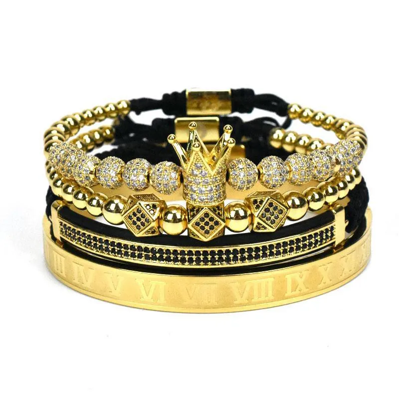 4pcs/set Classical Handmade Braiding Bracelet Gold Hip Hop Men Pave CZ Zircon Crown Roman Numeral Luxury Jewelry Gift Valentine's Day Christmas