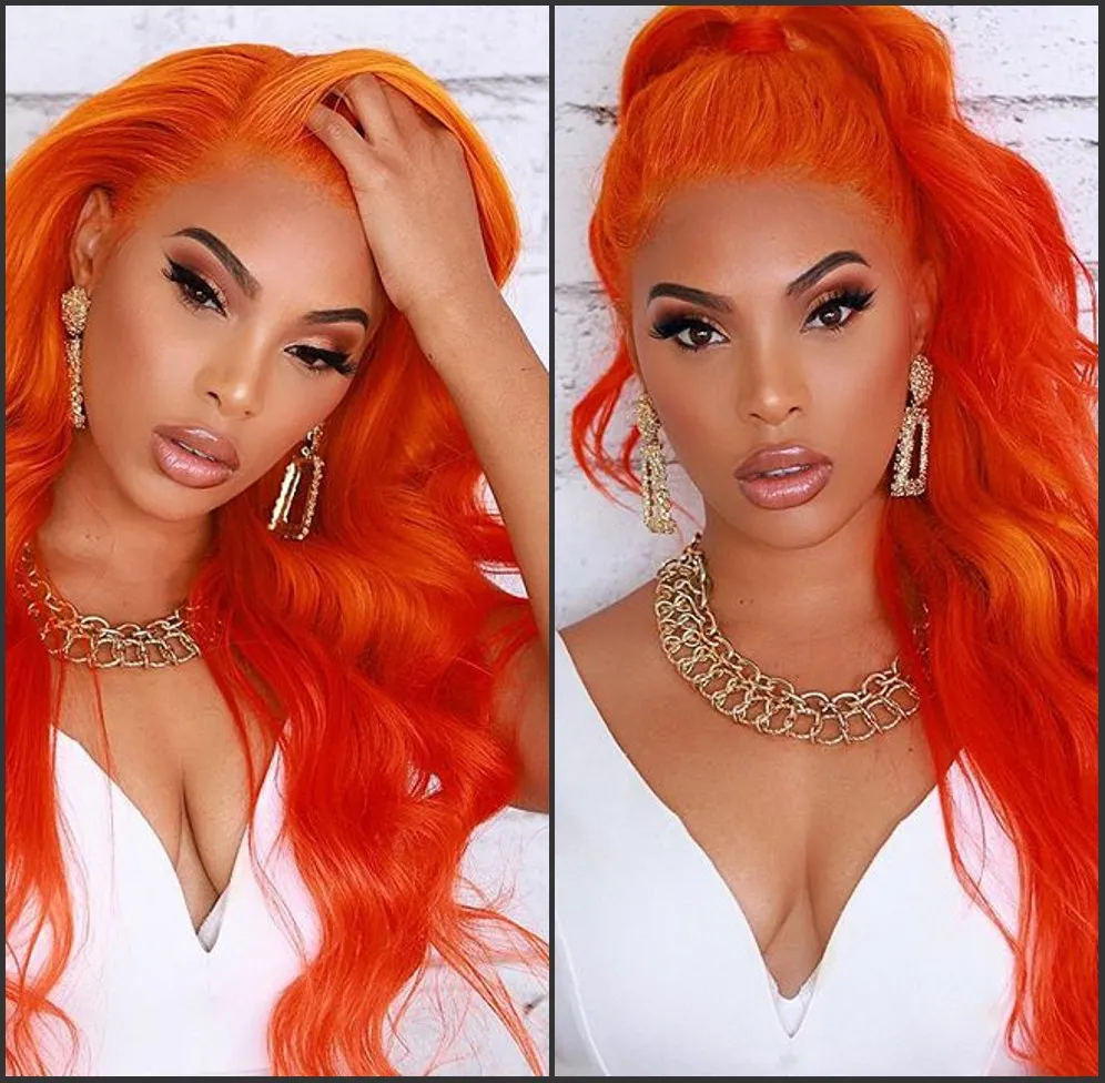 Lång kroppsvåg Orange Paryk Kändis Kvinnor Cosplay Style Lace Frontal Värmebeständig Syntetisk Lace Front Pärlor Wig Naturlig hårlinje