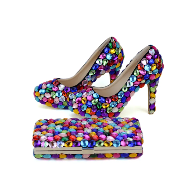 Mix Color Blue Green Yellow Purple Wedding Party Shoes with Clutch 4 Inches High Heel Graduation Prom Pumps Matching Bag