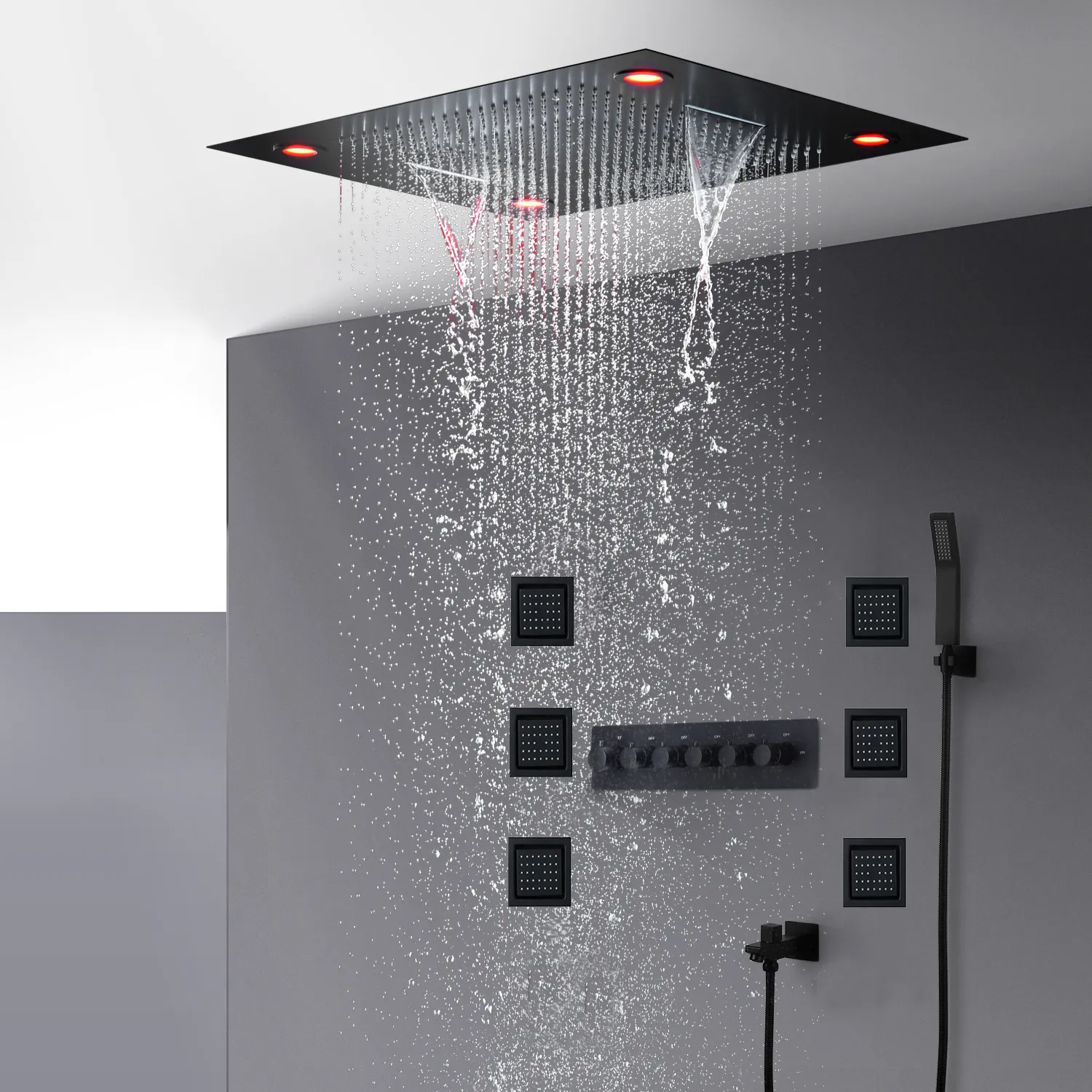 Łazienka Czarny Prysznic Zestaw Luksusowe Baterie termostatyczne Nowoczesne Duże LED Sufit Wodospad Rainfall Showerhead 600x800mm + Dysze do masażu ciała