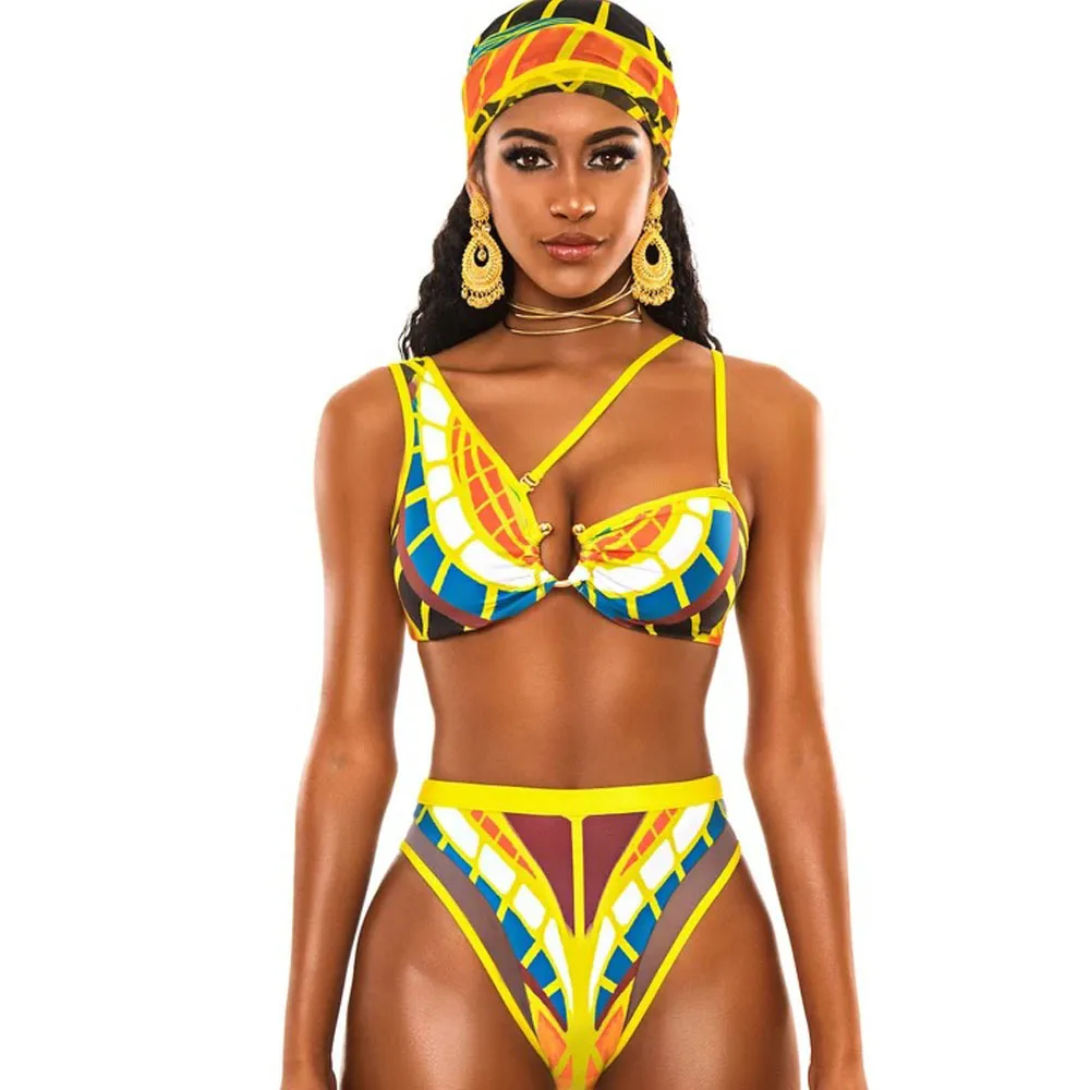 Swimsuit de cintura alta Two-partido Terno Africano Imprimir Swimwear 2020 Novos Banhos de Natação Suites Alta Perna Corte Bandage Bikini Set