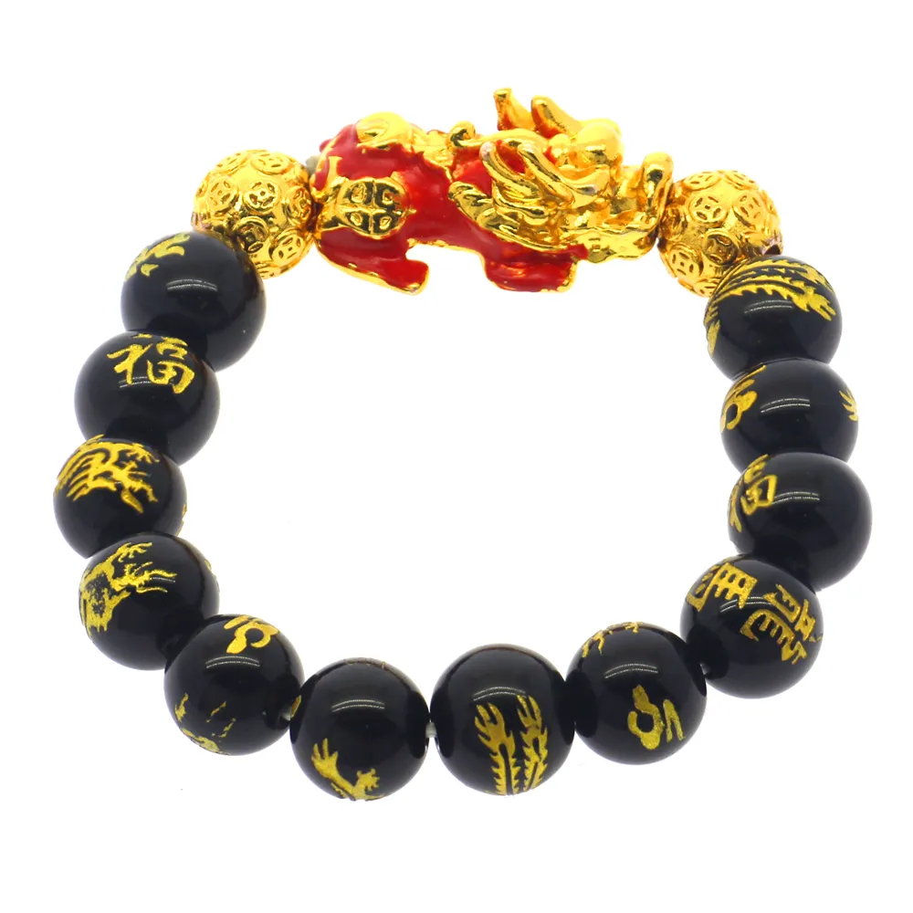 Bracelet de perles bouddhistes du zodiaque pour hommes, 12 perles porte-bonheur en or, obsidienne PI xiu, chaîne à main PiXiu peut changer de couleur, vente en gros