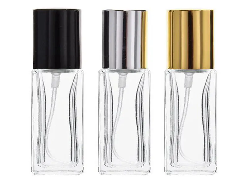 100 sztuk / partia 4ml 8ml Mini Szkło Perfume Butelki Travel Spray Atomizer Puste butelki perfum z czarnym złotym srebrnym spray