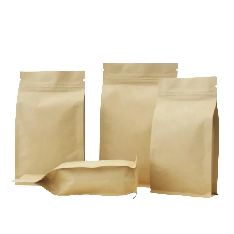 Bolsa de sellado de ocho bordes de papel kraft, bolsa marrón con cremallera, papel de aluminio, embalaje grueso, té, café, nueces, bolsa de paquete de alimentos de grano