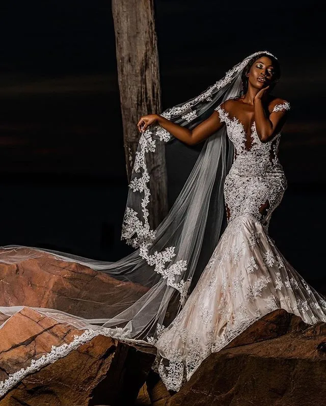 Vintage African Cap Sleeve Mermaid Wedding Dresses Sheer Applique Lace  Backless Bridal Gowns Plus Size Bridal Wear From Cinderelladress, $189.95 |  DHgate.Com