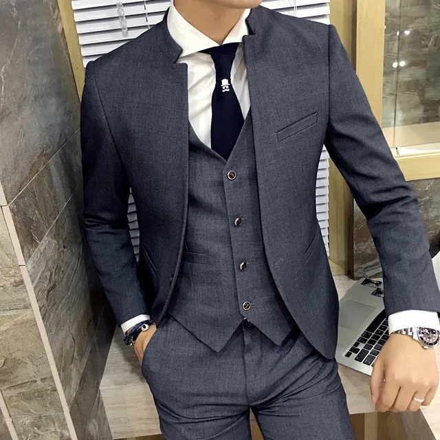 Gray Stand Collar Slim Fit Mens Suit Slim Fit Custom Made Costume Homme Garnitury Mężczyźni Formalne Grooming Ternos 3 sztuki Set Set