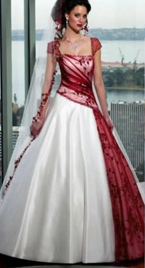 Retro design białe i czerwone sukienki ślubne aplikacje z rękawami koronkowymi plisowaną tiulą satyną linię małokatosobową suknie ślubne