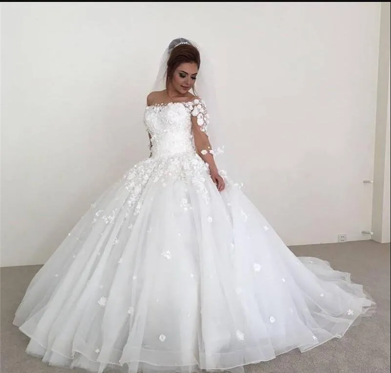 2019 New Luxury Arabic A Line Wedding Dresses Off Shoulder 1 2 Sleeve Lace 3D-Floral Appliques Sweep Train Plus Size Formal Bridal Gowns