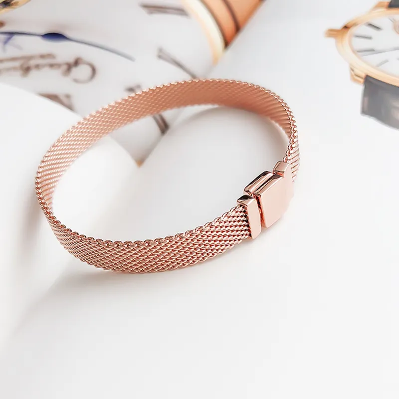 Kvinnor Rose Gold Mesh Armband Ny charms Handkedja för Pandora 925 Sterling Silver Armband med Original Retail Present Box303