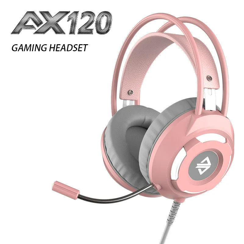 AX120 LED Light Gaming Headphones Wired Stereo Hifi Headsets PC Phone Laptop Games Headband PS4 Xbox Game Earphone 3.5mm Microphone Pink