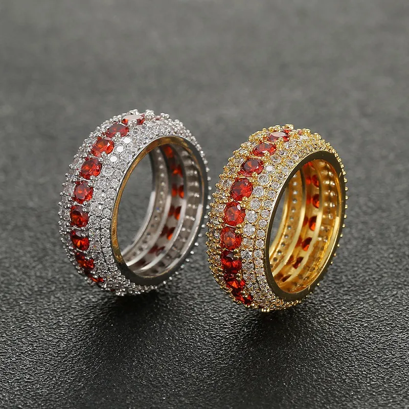 5-reihiger CZ-Herrenring mit seitlichen Steinen, 18-karätiger Kupfer-Charm, Gold-Silber-Farbe, kubischer Zirkon, vereister Ring, modischer Hip-Hop-Schmuck