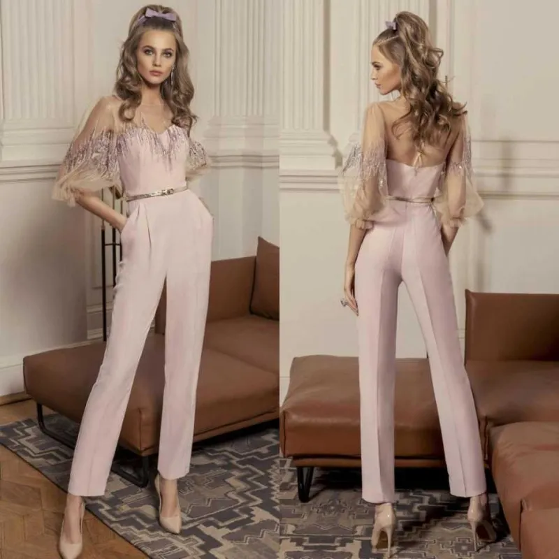 New Pink Jumpsuits Prom Dresses 2020 Top Beading Short Sleeve Floor Length Evening Dress Women Occasion Pageant Gowns