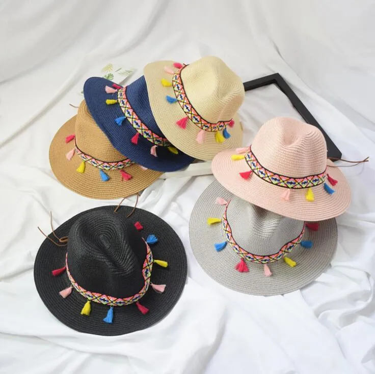 Lady Wide Brim Hat With Colorful Tassels Summer Women Straw Hat Ethnic Style Beach Hat Outdoor Sun Protection Panama Hats