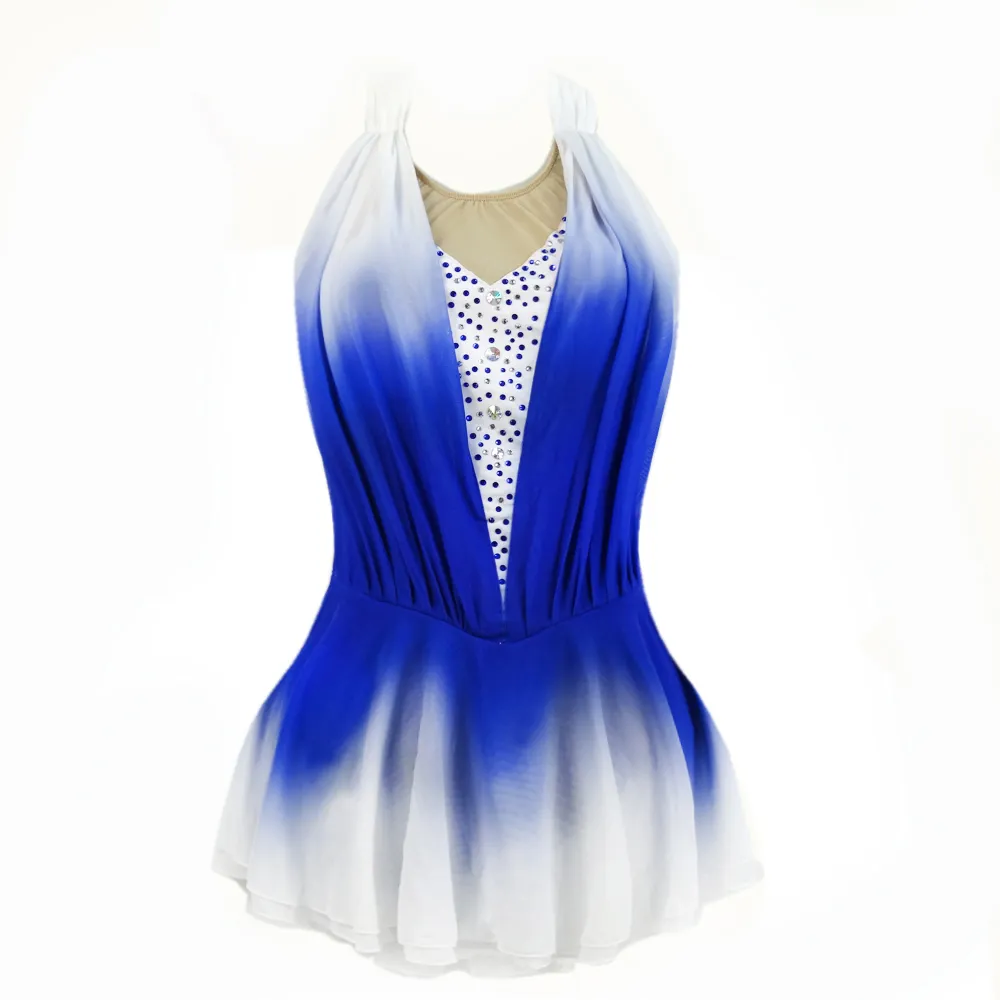 Vestito da pattinaggio su ghiaccio Costumi da ballo blu Vestito da pattinaggio artistico da competizione per ragazze con cristalli fatti a mano