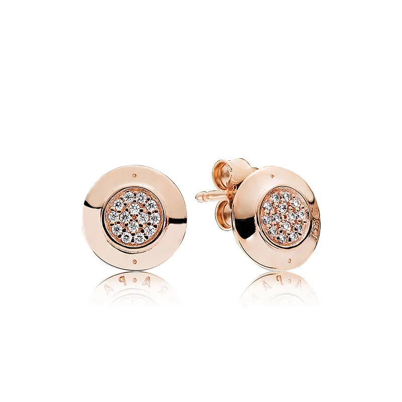 Classic design Luxury 18K Rose gold Signature Stud Earrings Original Box for Pandora 925 Sterling Silver Women Earring Set