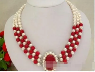 Halskette Kostenloser Versand ++Klassische 3 Reihen 7-8mm runde weiße Süßwasserperlen rote Perlenkette 17-19''