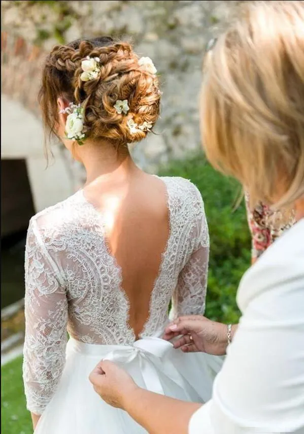 Kraj Suknie Ślubne Z Długim Rękawem 2019 Empire Waist V-Neck Backless Koronki Wróżka Letnie Plaża Sztuka Czeski Bridal Suknia Ślubna