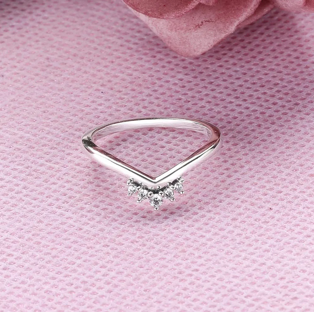 100% 925 Sterling Silver Tiara Wishbone Ring med Clear CZ Fit Pandora Jewelry Engagement Wedding Lovers Fashion Ring
