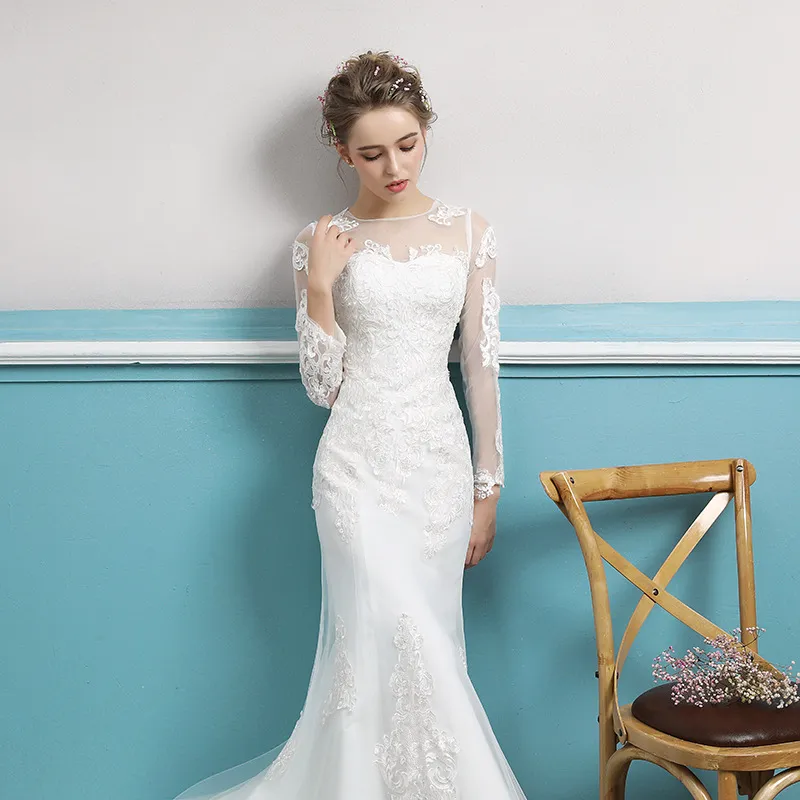 Simple Satin Long Sleeve Wedding Dress Elegant Plus Size Long Sleeve Lace Mermaid  Wedding Dress Shop