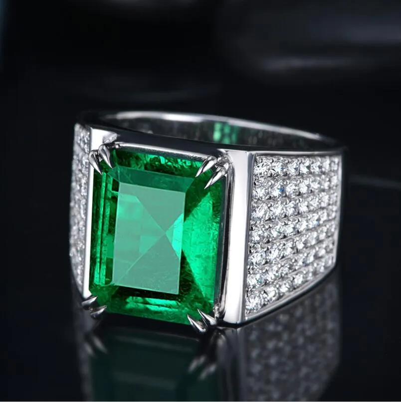 New Arrival Luxury Jewelry Big Emerald Gemstones 925 Sterling Silver Male Jewelry Pave Cubic Zircon CZ Diamond Wedding Band Ring f6635800