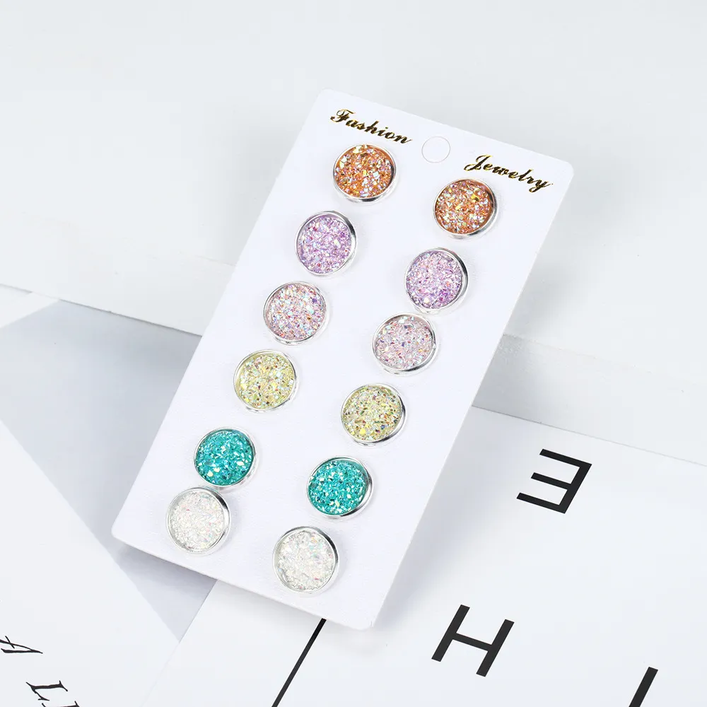 6 pair/Set Women's Shiny Resin Ear Stud with Round Bling Druzy Stone For Girls Cute Earrings Set 2019 Fashion Jewelry Gift