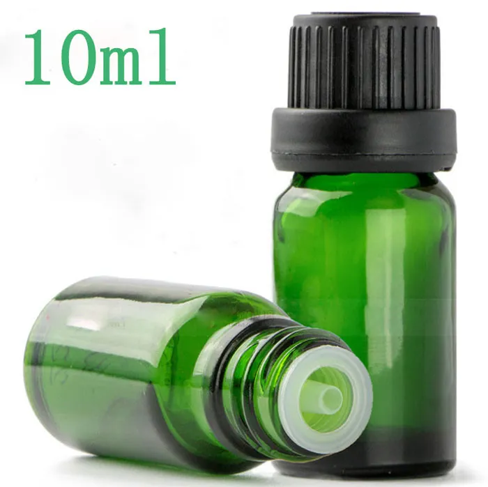 Bottiglia di vetro verde olio essenziale 10 ml con contagocce in vetro / tappo antimanomissione nero 10 ml E Bottiglie liquide 768 Pz / lotto