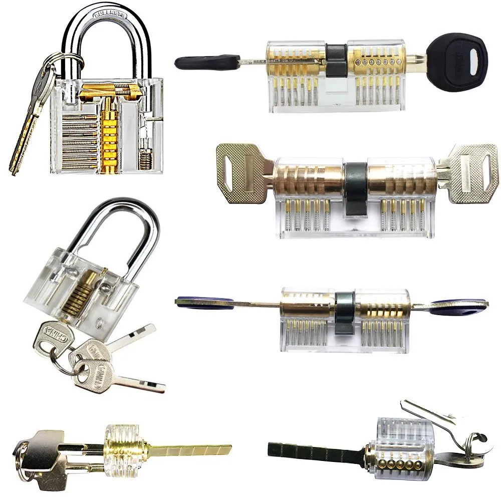 7 teile/satz Transparent Sichtbar Pick Cutaway Praxis Vorhängeschloss Schloss Mit Defekten Schlüssel Entfernen Haken Lock Kit Extractor Set Schlosser werkzeug