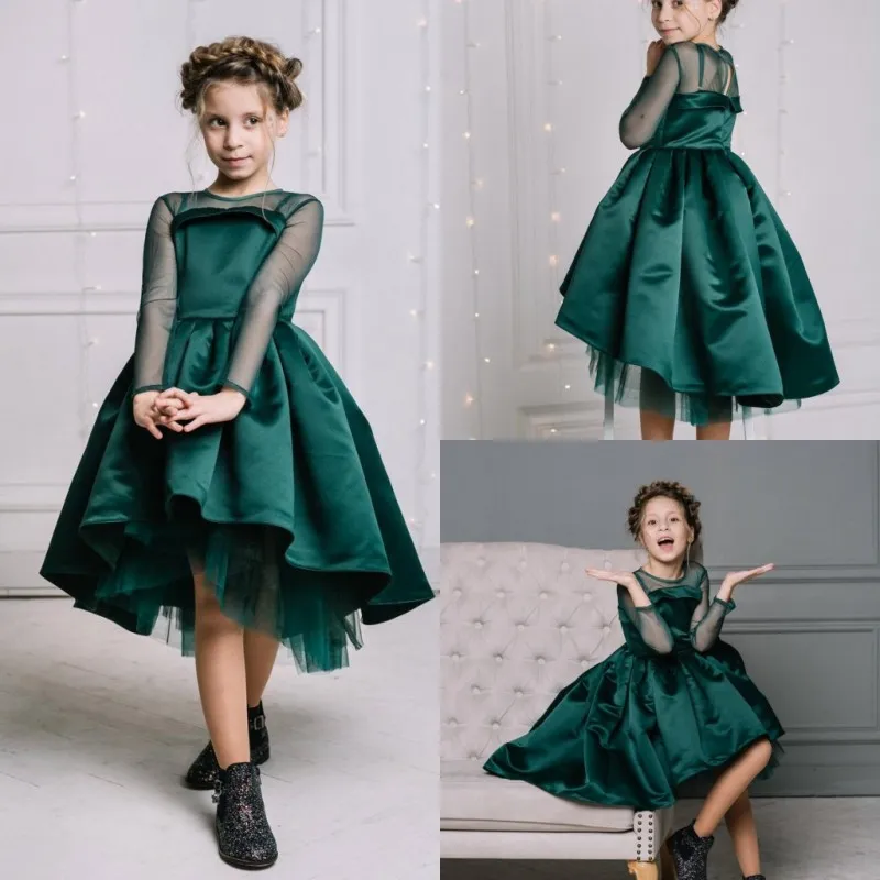 2019 Abiti da ragazza di fiore verde scuro Abiti da festa di nozze per bambini in raso a maniche lunghe in tulle con maniche lunghe