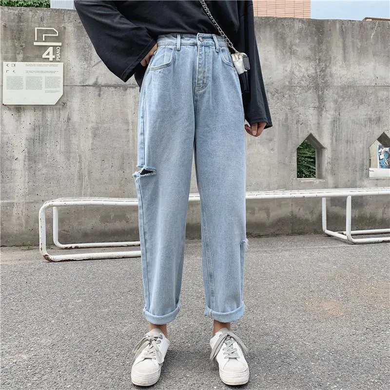 Womens Jeans Korean Style Womens Casual High Waisted Ripped Woman